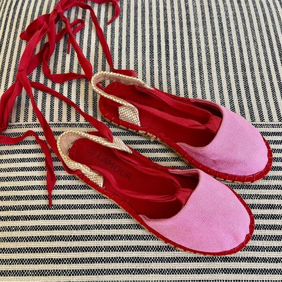 NEW L’Amour Lace Up Espadrilles Ribbon Tie Flats Pink and Red Little Girls 13 - Picture 1 of 10